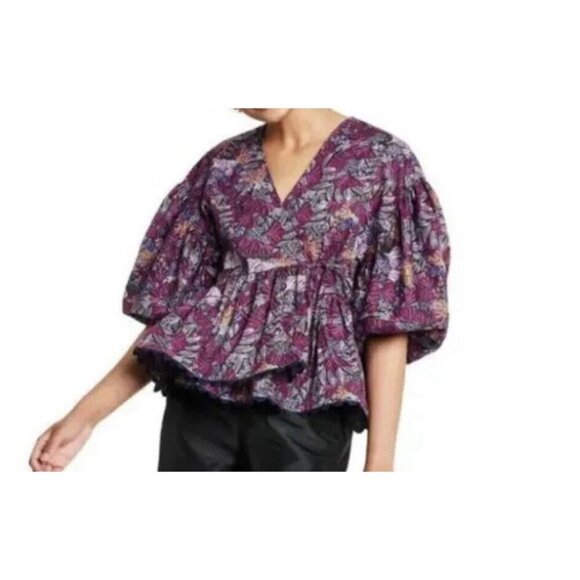 Kika Vargas Cotton Shirt Size S Purple Coral Reef Scallop Edge Wrap Top Colorful - Picture 1 of 10